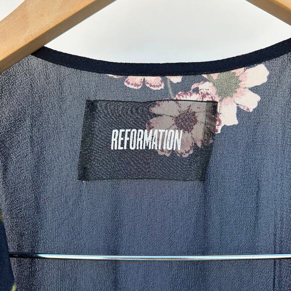 Reformation Long Sleeve Wrap Mini Dress Dark Black Floral Small Fall V-Neck - Picture 3 of 10